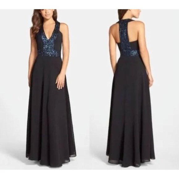 Dress The Population Delani Long Formal Maxi Dress Large Black Sequin Flowy - Picture 1 of 16